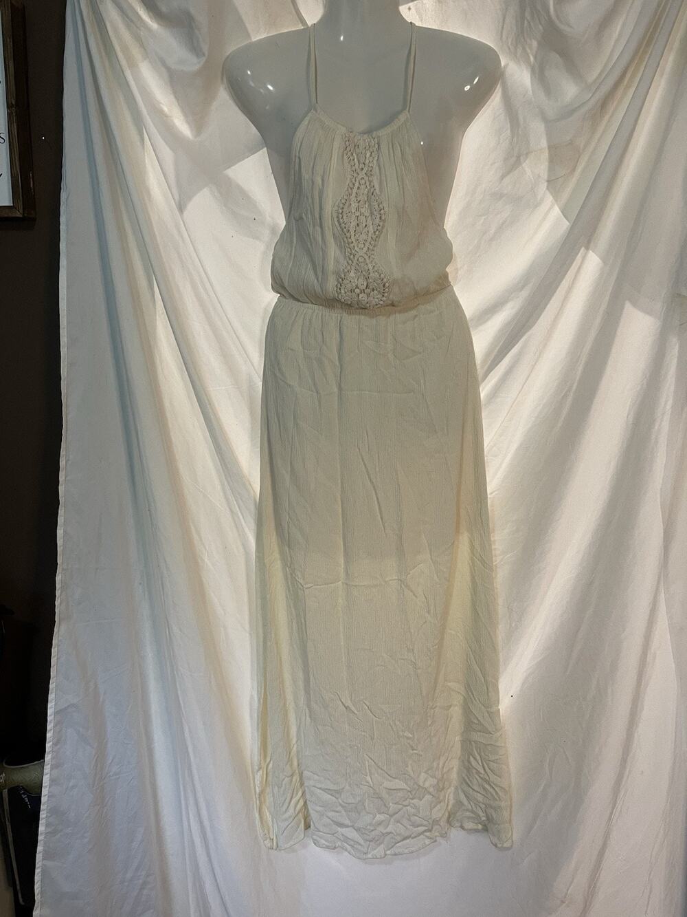 Living Doll Los Angeles Bohemian Sundress Women’s XS Ivory Lined Crochet Long